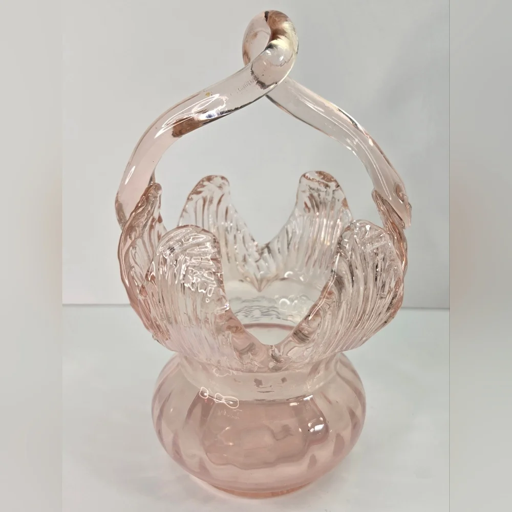 Vintage Art Glass Bonbonniere Basket Dish Pink Cloud 7" Tall - Picture 2 of 7